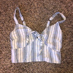 White and blue striped tie front crop top